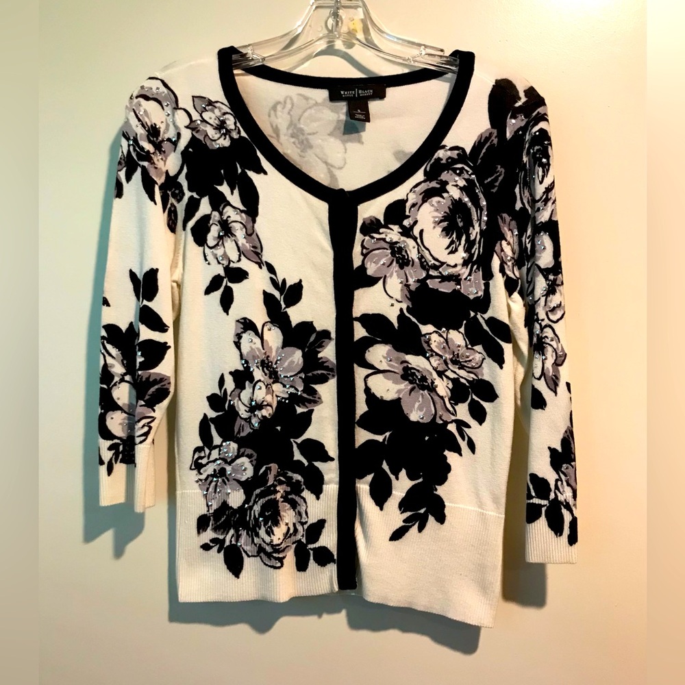 Cream Floral Cardigan with Black Trim S